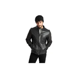 Mens Biker Style Fashion Jacket Real Sheep Leather Motorcycle Style Racer Black Jacket