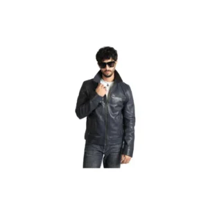 Mens Cafe Racer Style Real Sheep Leather Jacket Navy Blue Motorbike Fashion Jacket