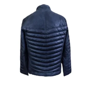 Mens Real Leather Jacket Biker Style Lambskin Blue Leather Stylish Quilted Puffer Jacket