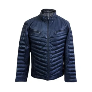 Mens Real Leather Jacket Biker Style Lambskin Blue Leather Stylish Quilted Puffer Jacket