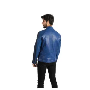 Mens Biker Style Sheep Leather Jacket Electric Blue Racer Jacket