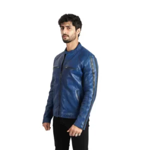 Mens Biker Style Sheep Leather Jacket Electric Blue Racer Jacket