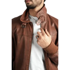 Mens Biker Style Cognac Leather Jacket Cafe Racer Fashion Jacket