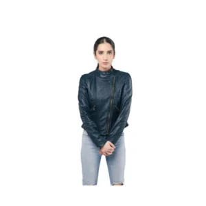 Women Racer Style Jacket Navy Blue Leather Stylish Fashion Jacket