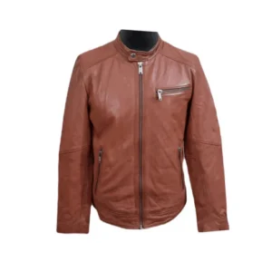 Mens Leather Jacket Biker Style Handmade Cognac Real Lambskin Fashion Jacket