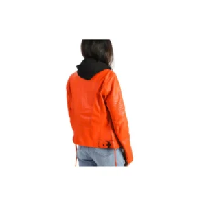 Womens Biker Hooded Sheep Leather Orange Jacket Quality Designer Jacket