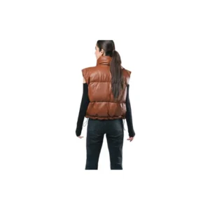 Women Sheep Leather Jacket Puffer Style Sleeveless Fashion Brown Jacket