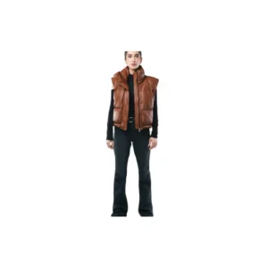 Women Sheep Leather Jacket Puffer Style Sleeveless Fashion Brown Jacket